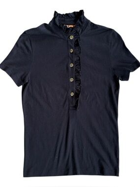 Tory Burch Pima Cotton Ruffle Logo Button Top Black Size Small